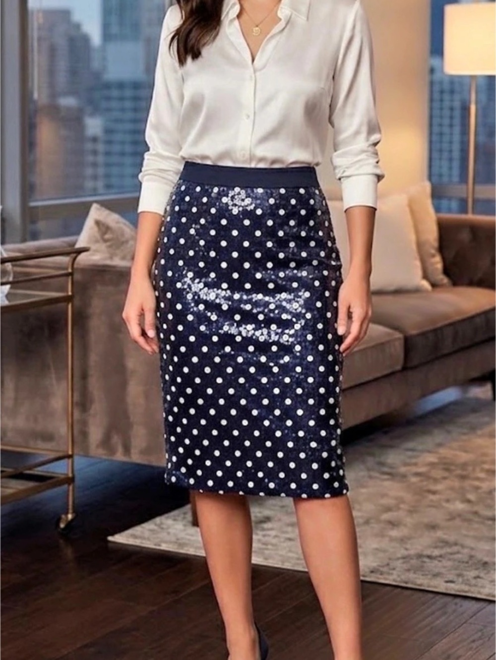NWT Talbots Martini Dot Sequin Pencil Skirt Blue & White Size 10
